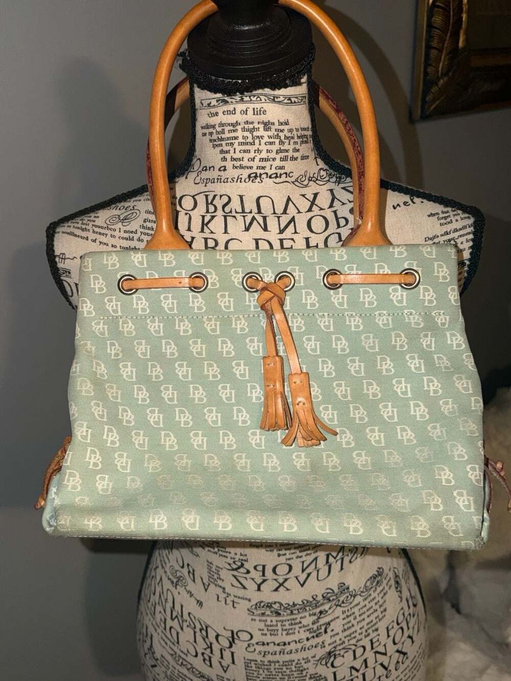 Vintage Dooney & Bourke Small Monogram Canvas Tassel Drawstring Tote Bag